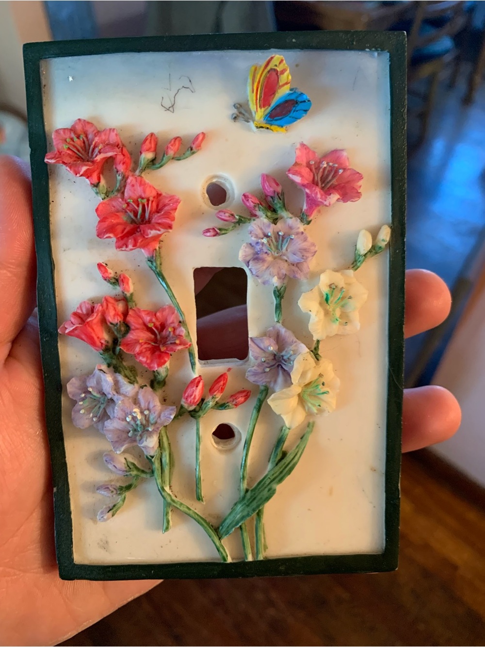 Hand-Painted Floral Light Switch Cover with Butterfly Accent